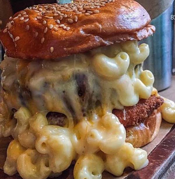 The ultimate famous Mac & Cheese hamburger from First Friday