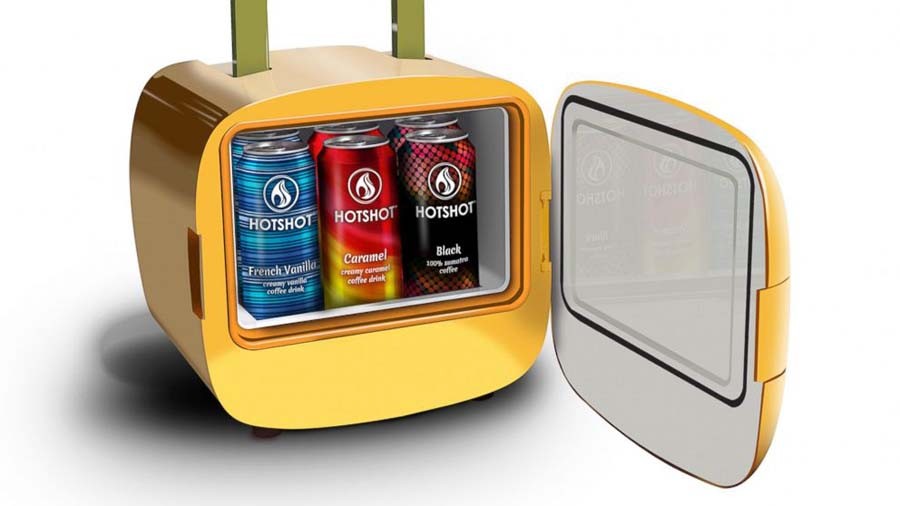 A view of a Hot Box with 12 Hot Shot Coffee cans inside.