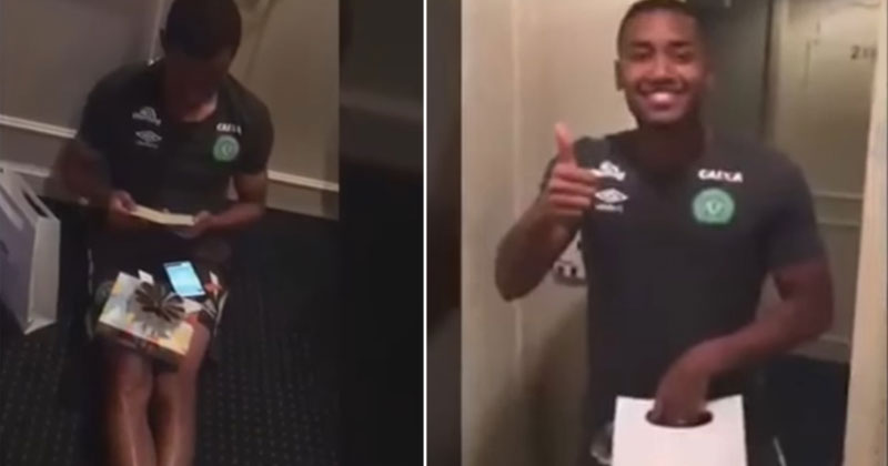 Chapecoense's Tiago Da Rocha after he got the news of becoming a father