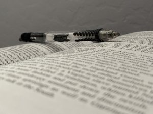 A pencil balancing between two pages of a book. 