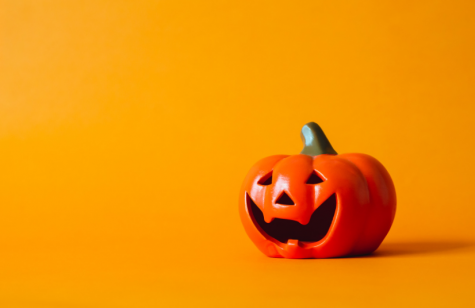 A plastic pumpkin with an orange background behind it