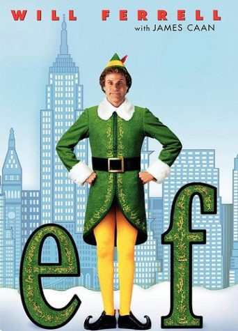 A guy dressed in an Elf costume standing between the letter E and F to spell out Elf 