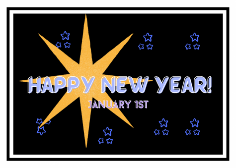 Happy new year card, also saying that its on January 1st with stars in the background.